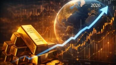 توقعات أسعار الذهب في 2026 مع رسم بياني صاعد يوضح اتجاه سوق الذهب عالميًا.