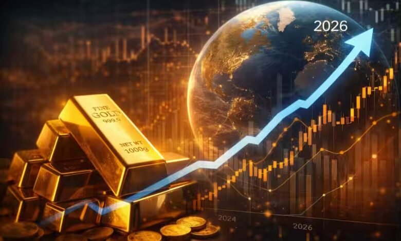 توقعات أسعار الذهب في 2026 مع رسم بياني صاعد يوضح اتجاه سوق الذهب عالميًا.