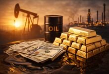 تأثير أسعار النفط على الدولار والذهب مع سبائك ذهب وبرميل نفط وأوراق الدولار