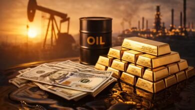 تأثير أسعار النفط على الدولار والذهب مع سبائك ذهب وبرميل نفط وأوراق الدولار