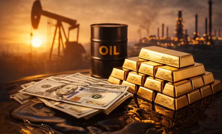 تأثير أسعار النفط على الدولار والذهب مع سبائك ذهب وبرميل نفط وأوراق الدولار