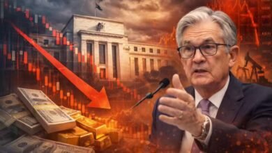 جيروم باول رئيس الاحتياطي الفيدرالي مع خلفية رسوم بيانية للتضخم والأسواق