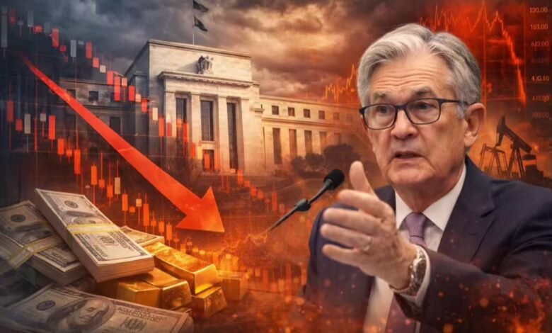 جيروم باول رئيس الاحتياطي الفيدرالي مع خلفية رسوم بيانية للتضخم والأسواق