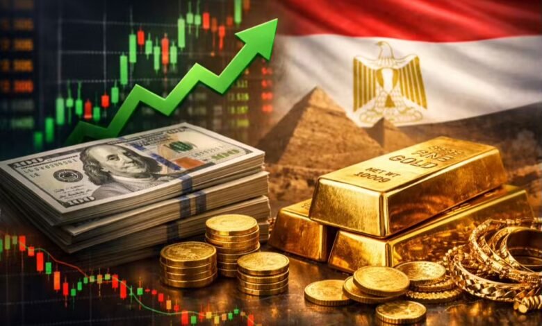 سعر الدولار اليوم في مصر وتأثيره على أسعار الذهب مع صورة سبائك ذهب ودولار وسهم صاعد