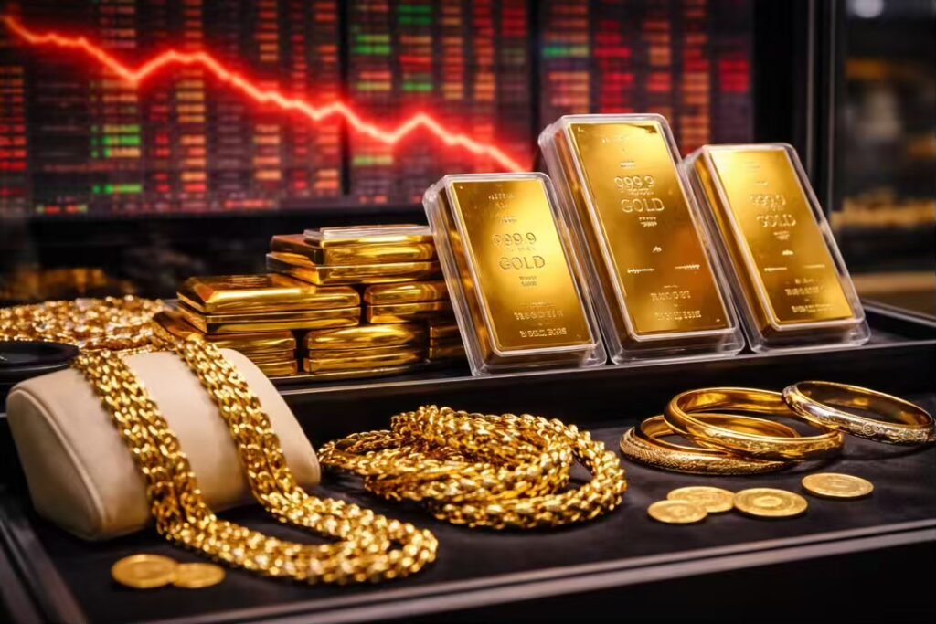 صورة سبائك ذهب ومصوغات داخل فاترينة مع خلفية شاشات بورصة حمراء تعكس هبوط أسعار الذهب عالميًا