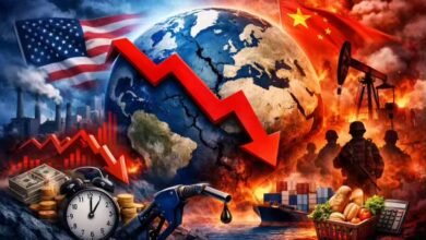 تصميم يعبر عن أزمة اقتصادية عالمية مع هبوط الأسواق وارتفاع التضخم