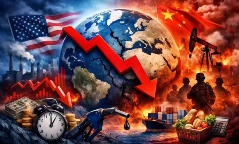 تصميم يعبر عن أزمة اقتصادية عالمية مع هبوط الأسواق وارتفاع التضخم