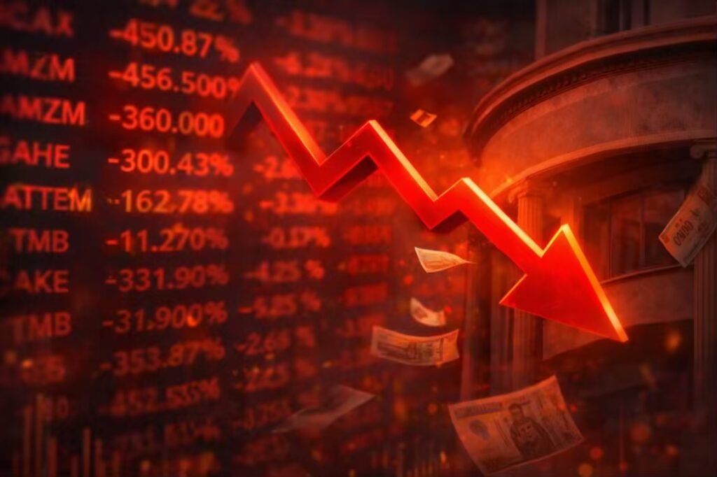 هبوط جماعي في البورصة المصرية مع تراجع مؤشرات الأسهم وظهور سهم هابط باللون الأحمر أمام خلفية شاشة تداول مالية