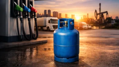 أسطوانة بوتاجاز أمام محطة وقود تعبر عن ارتفاع أسعار البنزين والسولار في مصر 2026
