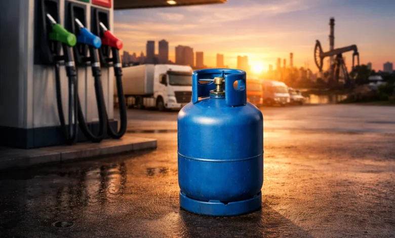 أسطوانة بوتاجاز أمام محطة وقود تعبر عن ارتفاع أسعار البنزين والسولار في مصر 2026