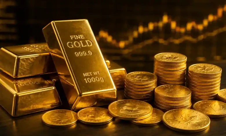 تجنب مخاطر الاستثمار في الذهب- سبائك ذهب وعملات ذهبية مع خلفية رسوم بيانية مالية تعبر عن الاستثمار في الذهب وتجنب المخاطر
