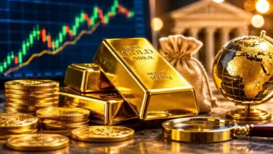 مقارنة أسعار الذهب 2026 - سبائك ذهب وعملات ذهبية مع رسوم بيانية عالمية تعبر عن حركة أسعار الذهب العالمية والمحلية.