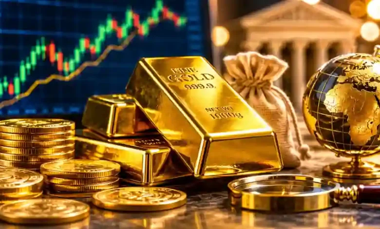 مقارنة أسعار الذهب 2026 - سبائك ذهب وعملات ذهبية مع رسوم بيانية عالمية تعبر عن حركة أسعار الذهب العالمية والمحلية.