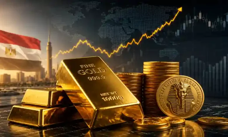 سبائك ذهب وعملات ذهبية أمام رسوم بيانية عالمية تعبر عن توقعات أسعار الذهب في مصر والأسواق العالمية خلال 2026.